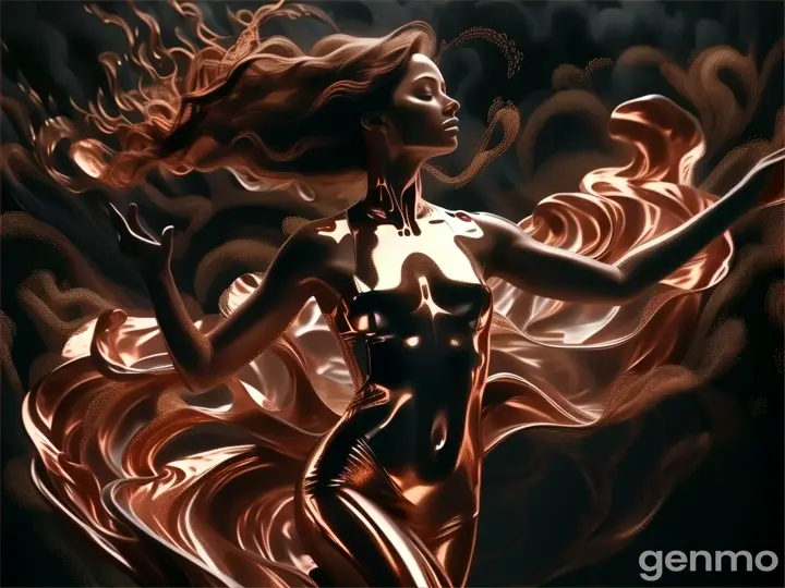 a woman surrounded by copper particles with her hair blowing with the wind, dress flowing