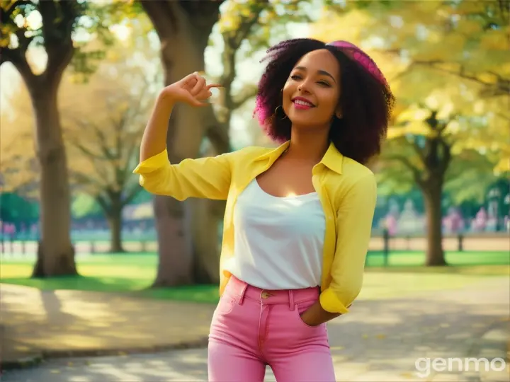 Beautiful English plus woman wearing pink jeans and yellow sirt dancing in park  ohigh-resolution photo