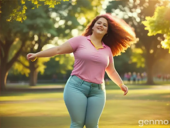 Beautiful English plus woman wearing pink jeans and yellow sirt dancing in park  ohigh-resolution photo