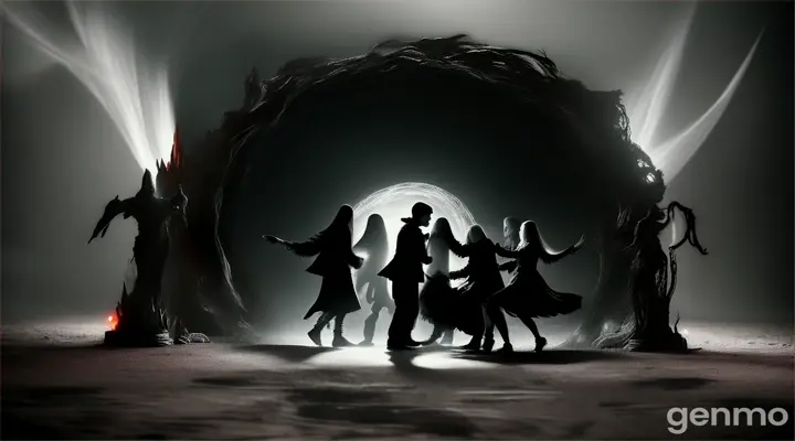 Friends being pulled into the darkness by unseen forces through a portal, surrounded by ghostly figures and a chaotic environment