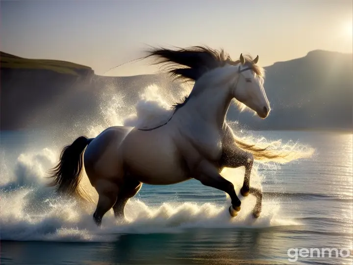 A slow-moving seed, a wild horse, jumps down from a high cliff into the water, waves of water splashes fly sparkling in the sun