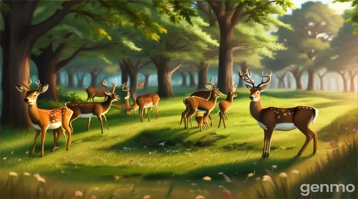 Deer are eating grass in a forest Cartoon video