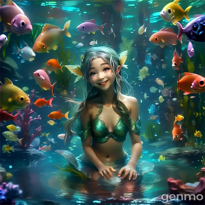 a little mermaid sitting in the water surrounded by fish