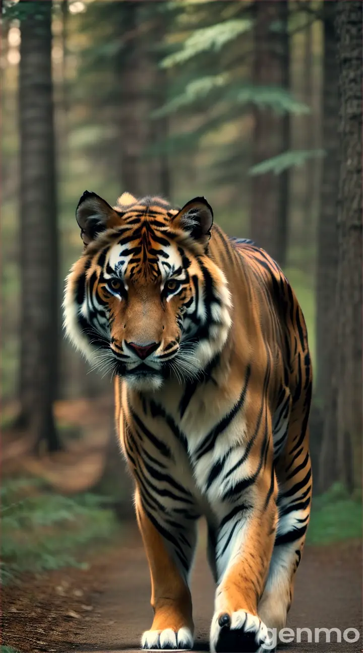 Siberian tiger on path in a forest of tall trees 