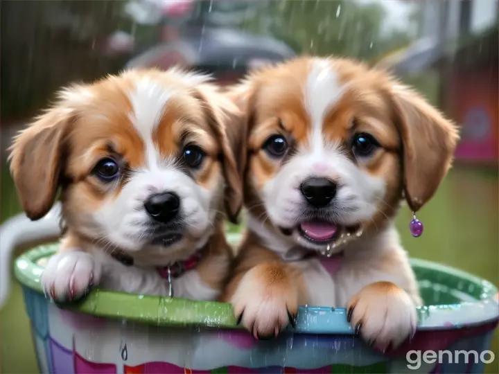 Two cutes puppy in a bucket and background in rain