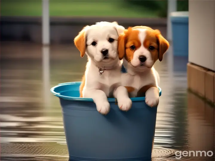 Two cutes puppy in a bucket and background in rain