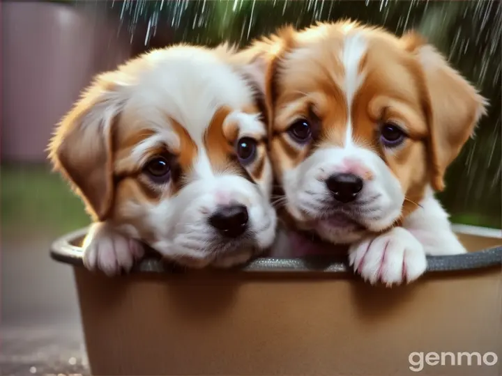 Two cutes puppy in a bucket and background in rain