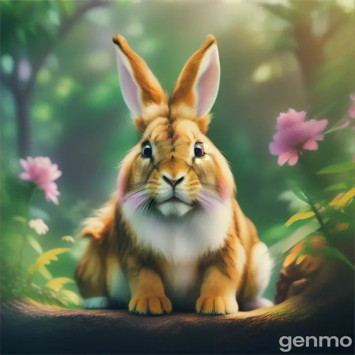 A little rabbit sit on lion legs and background in jungle 