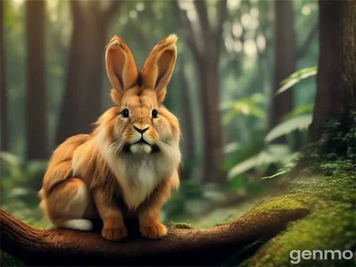 A little rabbit sit on lion legs and background in jungle 