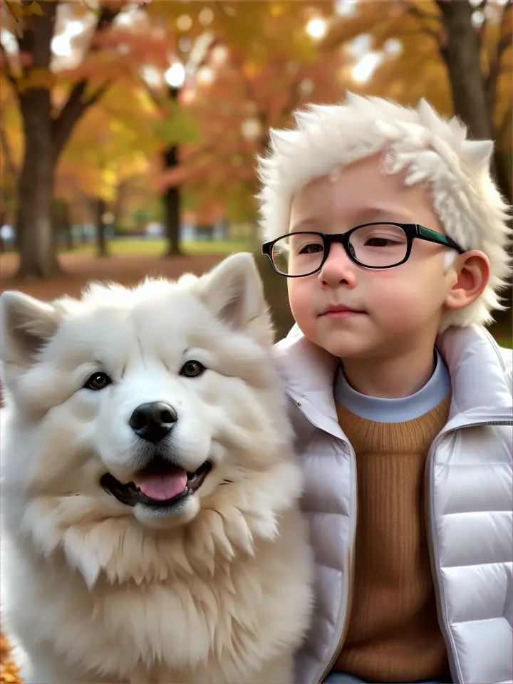  a curious boy with glasses gazes curiously, a white samoyed dog by his side, both set against a backdrop of falling autumn leaves, the dog's thick white fur contrasting with the vibrant colors, creating a sense of warmth and companionship on a cool day, advertising style