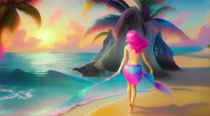 kidssong:barbie pink hair :She opens a door to reveal an ocean, transforming into a mermaid.