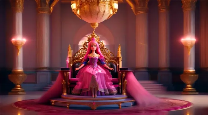 kidssong:barbie pink hair :Suddenly, she's crowned as a queen in a grand throne room.She holds up a small, glowing light, symbolizing an idea.