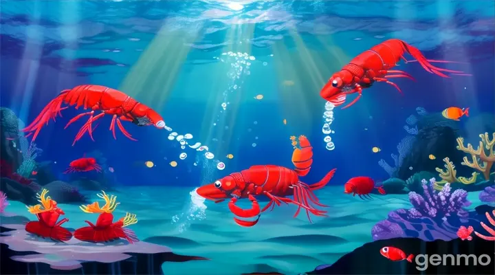 two red lobsters swimming under the ocean