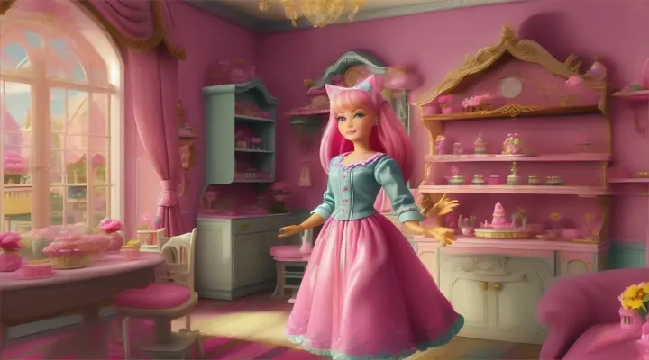 realistic:kidssong:barbie pink hair :Opening a quaint shop, they arrange flowers and perfumes.