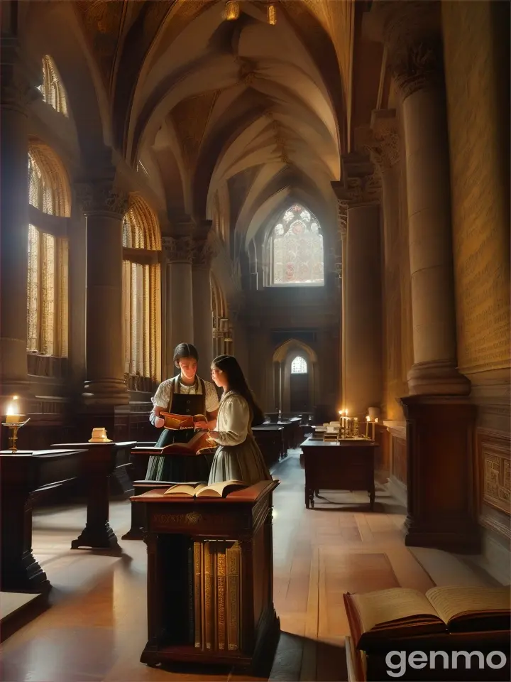 A teacher and student exploring an ancient library filled with fascinating art and literature, uncovering the stories of the past