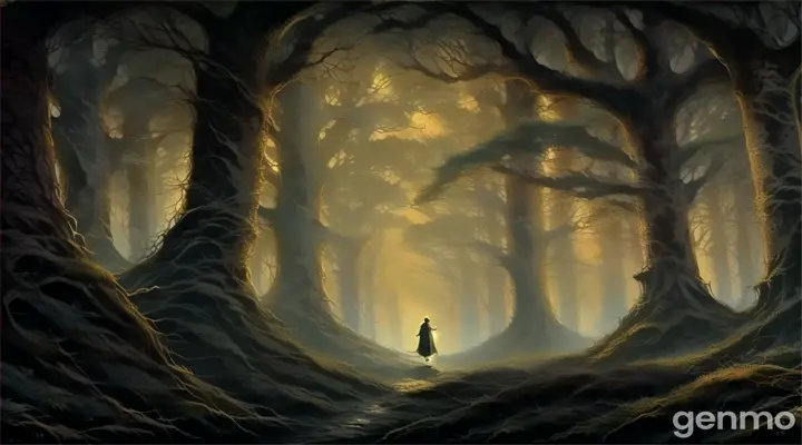 a painting of a person standing in the middle of a forest