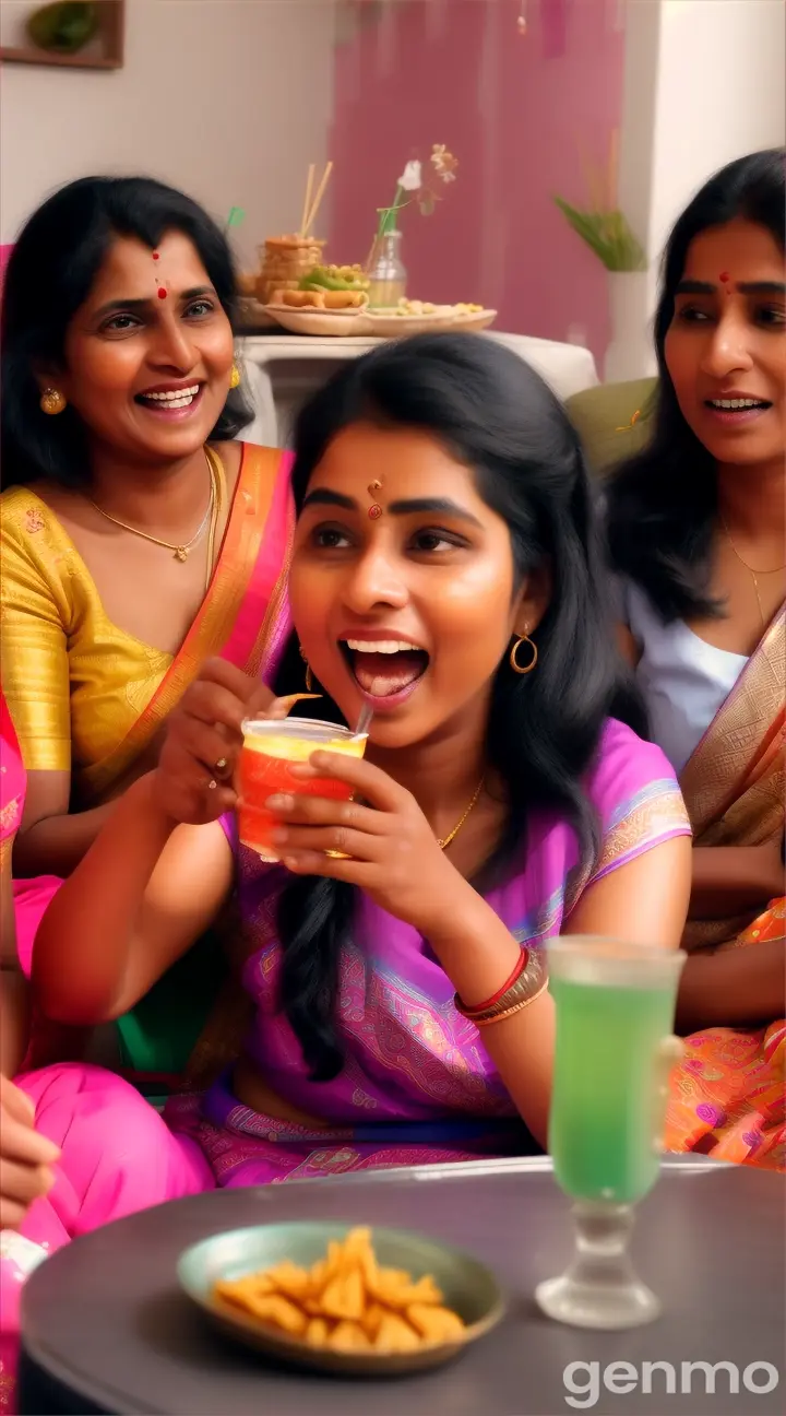 A close-up scene of a kiti party with a group of Indian women sitting closely together, enjoying snacks and drinks. One woman is telling a story with exaggerated expressions, while others react with laughter and surprise. The background is a cozy living room with bright, inviting colors, giving a sense of a fun and friendly get-together."