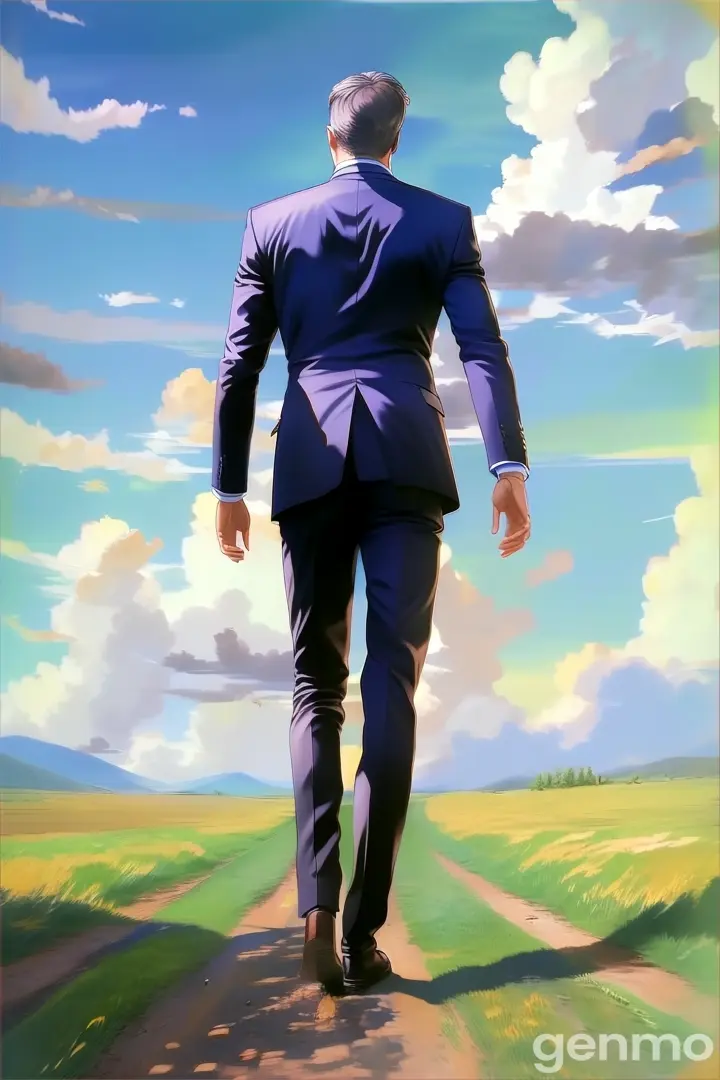 a man in a suit walking down a dirt road