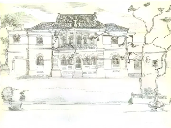 a drawing of a building with a tree in front of it