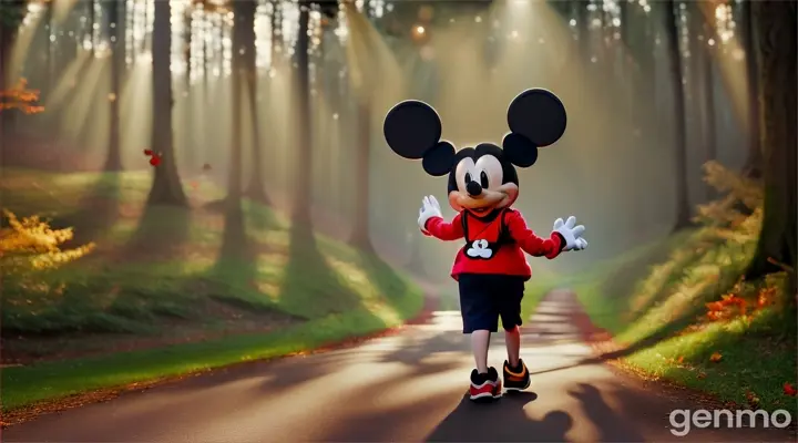 **Return to Reality:** Describe the moment Mickey returns to the normal forest after winning the cat's game. How does the atmosphere change?