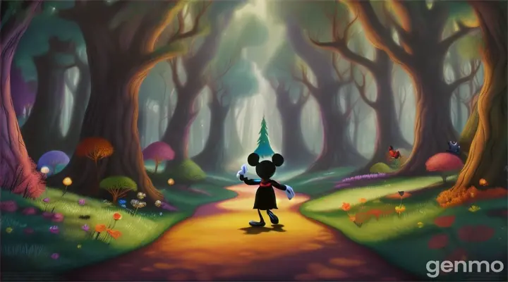 **A New Game Awaits:** Imagine a scenario where Mickey feels compelled to return to the enchanted forest, knowing the black cat might be waiting for another game.