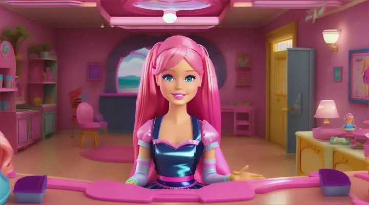  realistic:kidssong:barbie pink hair :Colorful scenes flash by showing various professions and adventures.