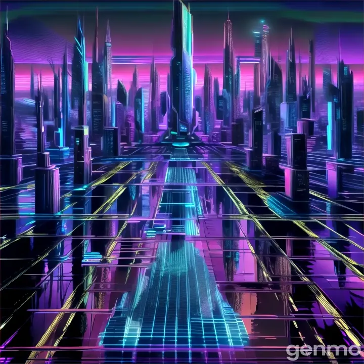 a futuristic cityscape with neon lights and skyscrapers