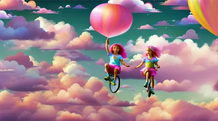  realistic:kidssong:barbie pink hair :They all ride flying unicorns over their painted world.