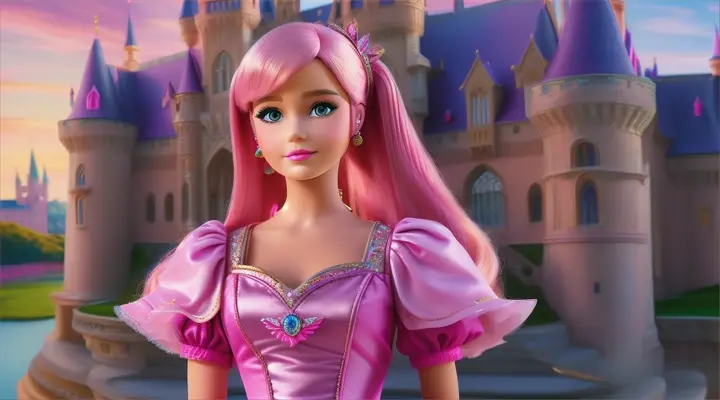  realistic:kidssong:barbie pink hair :The girl, now in a sparkling dress, stands before a majestic castle.