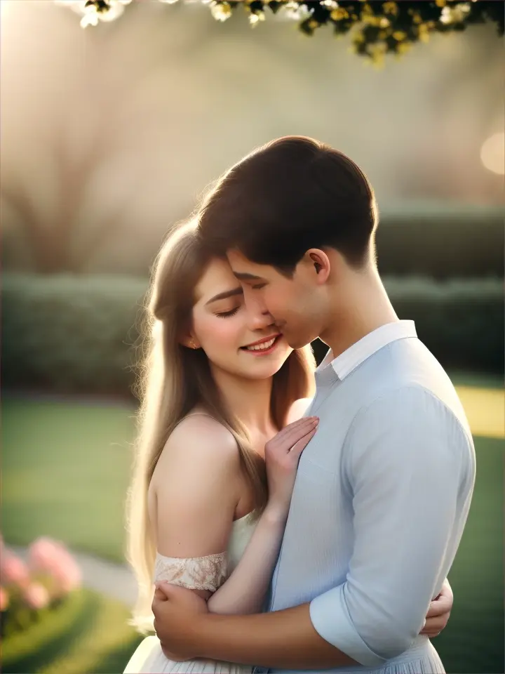  in an , capture the heartwarming moment as two figures embrace in a tender hug, their faces nestled close and exchanging gentle kisses on the cheek – a visual representation of the portuguese phrase se abraçarem e trocar carinhos, which means they will hug and exchange affection, advertising style