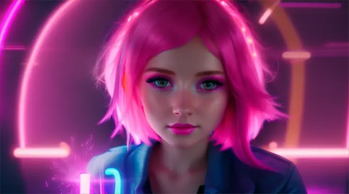  realistic:kidssong:barbie pink hair :She holds up a small, glowing light, symbolizing an idea.