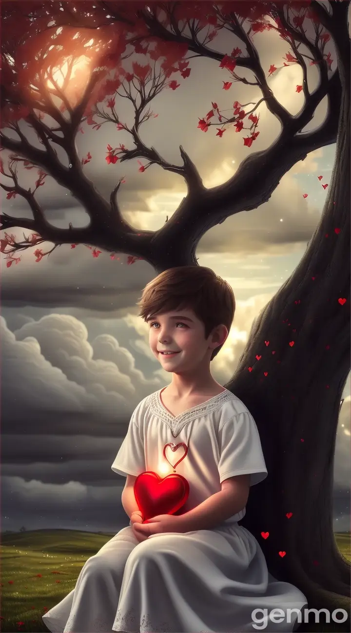 A boy with a bright red heart and a beautiful happy face and a bright white dress is sitting next to a beautiful tree and the sky with black clouds.