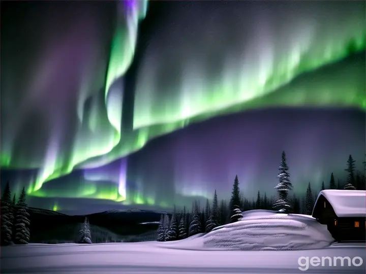 Abstract silhouette of cabin and trees against vibrant Northern Lights in star-filled sky on snow-covered mountain