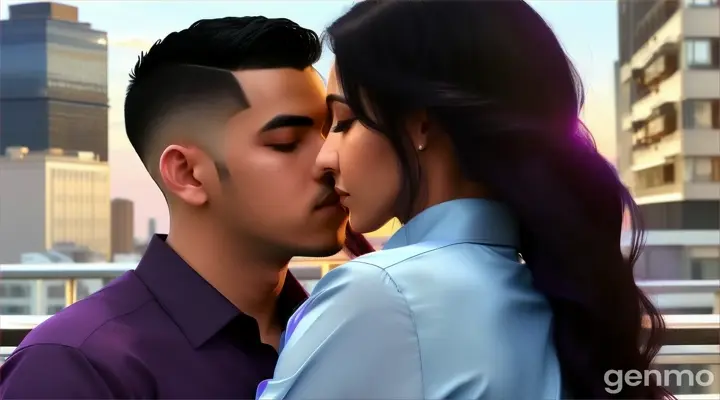 at the rooftop, a young man with Skin fade Buzz cut black hair in deep purple long sleeve formal shirt facing the camera and a woman with Long wavy Black Hair in sky blue long sleeve blouse shirt kissing each other with a city in the background