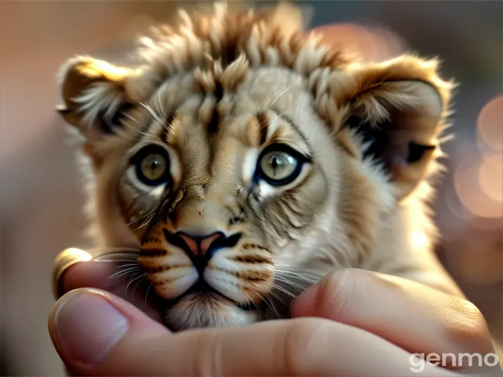 A highly detailed, creative close-up shot with a shallow depth of field, featuring a finger size tiny baby lion with golden eyes in a human hand