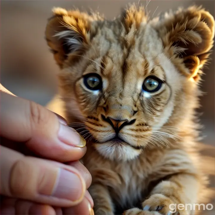 A highly detailed, creative close-up shot with a shallow depth of field, featuring a finger size tiny baby lion with golden eyes in a human hand. Baby lion is moving