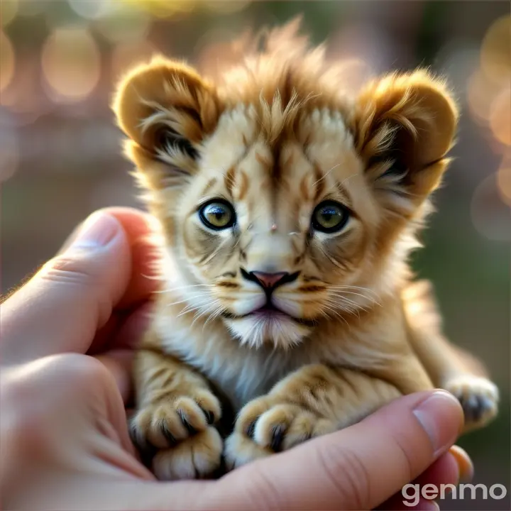 A highly detailed, creative close-up shot with a shallow depth of field, featuring a finger size tiny baby lion with golden eyes in a human hand. Baby lion is moving and no extra fingure