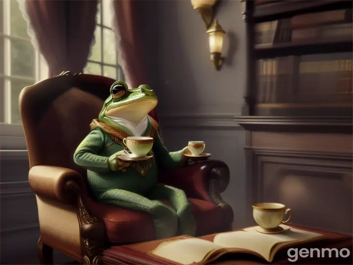 Frog sits in the armchair and drinks tea