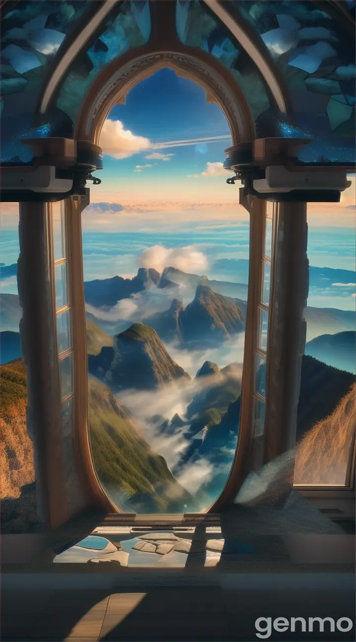 A photorealistic 4k view of a window in the clouds overlooking earth and a dreamy, surreal landscape