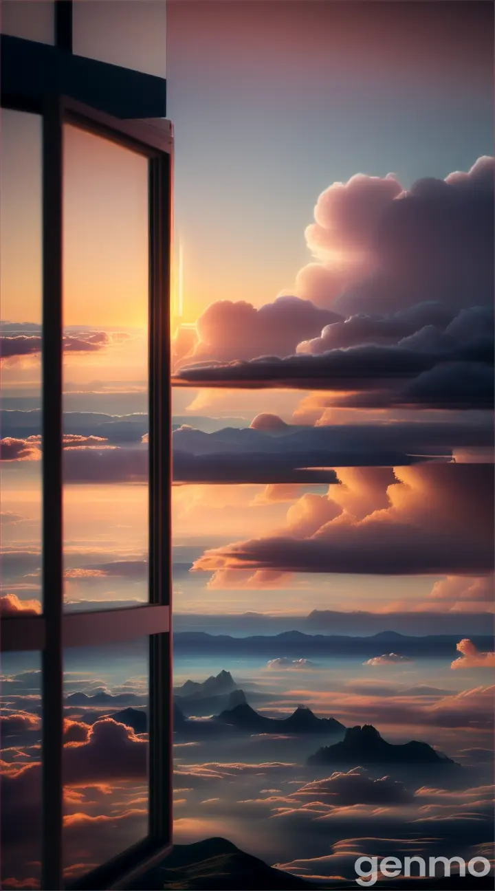 A photorealistic 4k view of a window in the clouds overlooking earth and a dreamy, surreal landscape