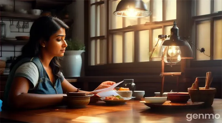 A dynamic image of Vijay and Ria brainstorming ideas for their first YouTube video. They are sitting at a rustic wooden table with a notepad, surrounded by simple household items, like a camera on a stand, a few props, and a laptop. The room is lit by a single lamp, giving it an intimate and creative atmosphere, symbolizing the beginning of their digital adventure.