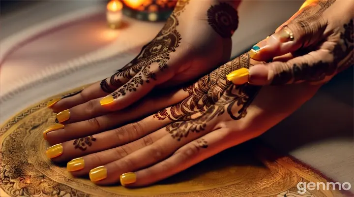 **Tania's Mehndi Ceremony**: A scene where Tania is sitting on a traditional platform during her Mehndi ceremony. She has one hand raised to her face, admiring the intricate henna design. Suddenly, her expression changes to one of fear as her eyes turn a glowing yellow, and a dark, ominous aura surrounds her.