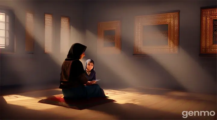 **Abubakr and Aisha Discussing the Curse**: Abubakr and Aisha sit in a dimly lit room, with Aisha holding a Mehndi cone defiantly. Abubakr looks worried, while Aisha seems determined. The atmosphere is tense, with shadows cast by the flickering light, hinting at the curse they are about to face.