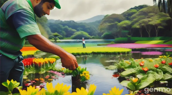 jardineiro arrancando flor do chão e jogando no lago