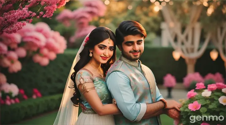 A beautiful Pakistani modern couple having a heartfelt conversation in a beautifully decorated garden.