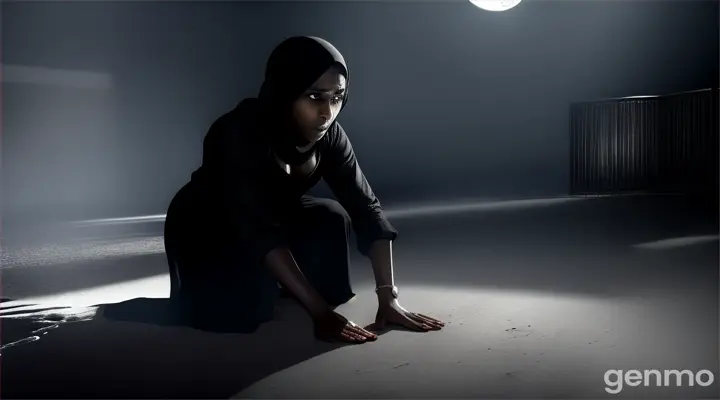 Aisha Possessed at Midnight**: A midnight scene where Aisha is crouched on the floor, her fingers clawing at the ground with a crazed look on her face. Abubakr watches in horror from a distance, holding a jug of water, ready to splash it on her. A shadowy figure looms in the background