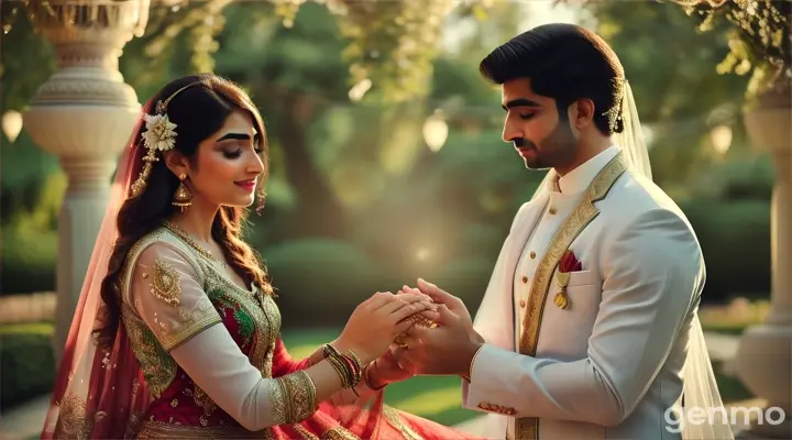 A beautiful Pakistani modern couple having a heartfelt conversation in a beautifully decorated garden.