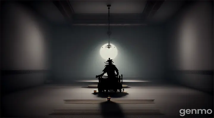 Tantrik's Ritual to Trap the Spirit**: A tense scene where the Tantrik and Abubakr are performing a ritual in a dark, eerie room. A bound figure, seemingly lifeless, sits on a chair in the center. The Tantrik chants mantras, while a glowing circle drawn on the ground traps the malevolent spirit