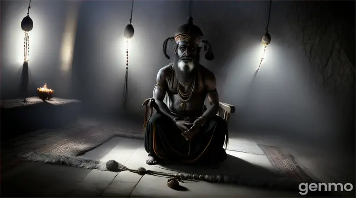 Tantrik's Ritual to Trap the Spirit**: A tense scene where the Tantrik and Abubakr are performing a ritual in a dark, eerie room. A bound figure, seemingly lifeless, sits on a chair in the center. The Tantrik chants mantras, while a glowing circle drawn on the ground traps the malevolent spirit