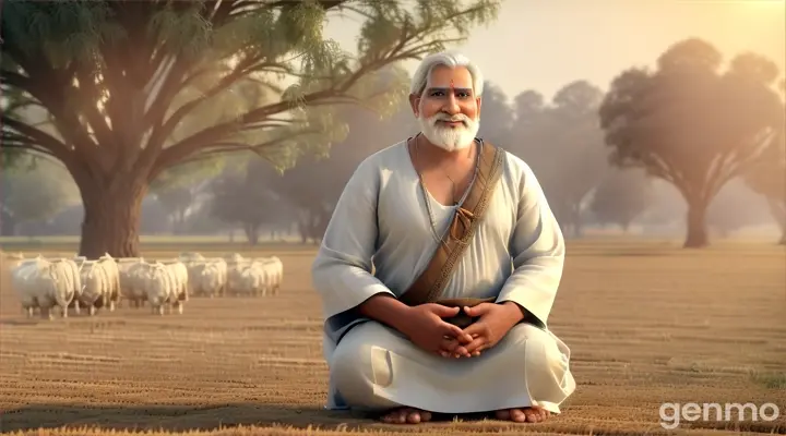 Pixar-style 3D animation ,earthen pot containing a gold coin a slim 50-year-old Brahmin kneels respectfully on a drought-stricken farm field with large, dry trees in the background. He is dressed in a traditional white dhoti, a plain white cotton cloth over his shoulder, and a sacred thread across his chest, looking at an earthen pot containing a gold coin and has an honest expression on his face, reflecting a life of menial manual labor. Avoid modern elements such as machinery or vehicles, excessively lush vegetation, bright or neon colors, and cartoonish exaggerations of facial features. Focus on a simple, rustic environment and realistic expressions.